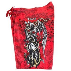 Miami Ink Sz 36 Skull Board Shorts Swim Trunks Swim Men's Red White Reaper